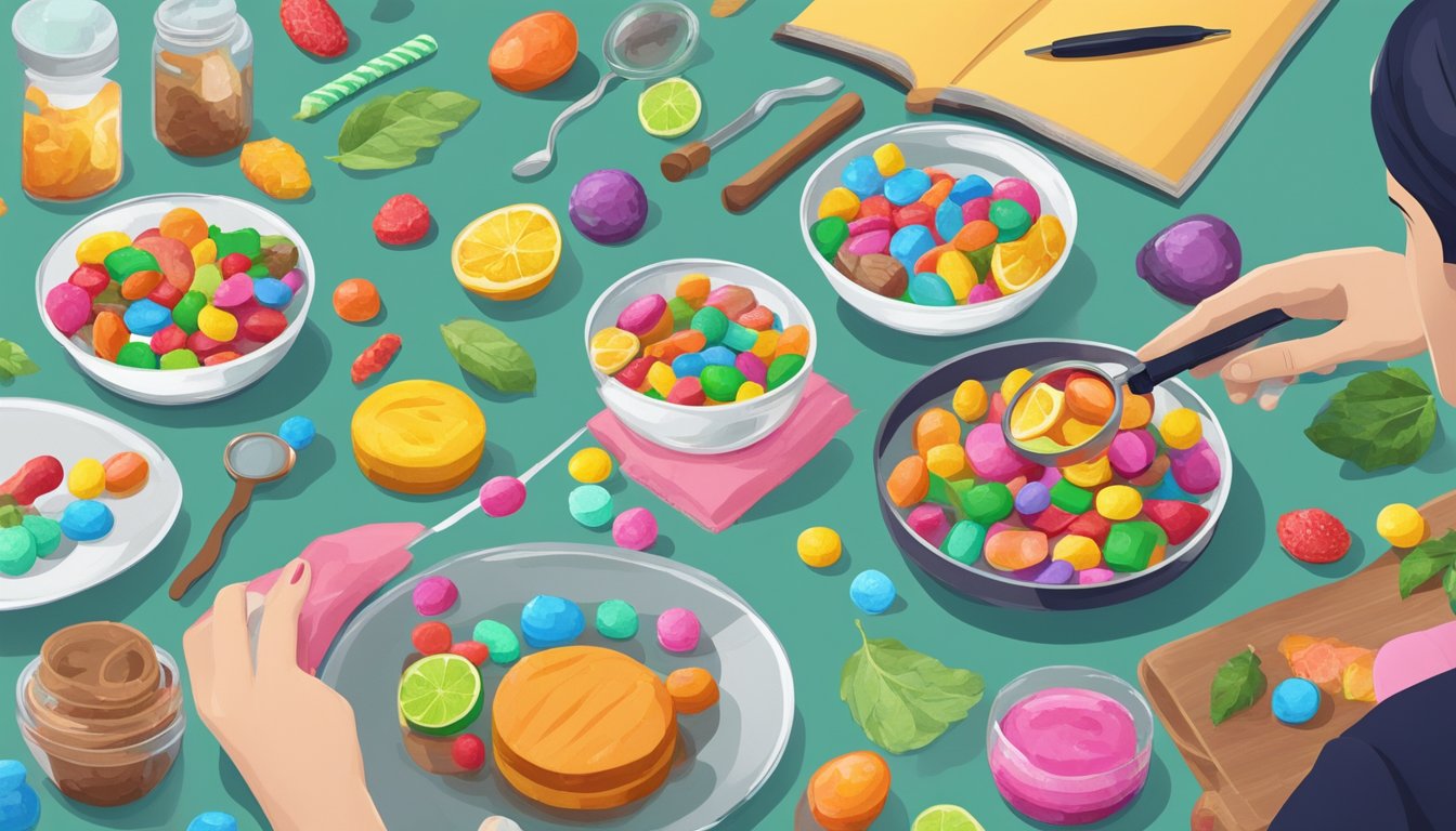 A table with scattered warhead candies and various vegan ingredients being examined by a person with a magnifying glass