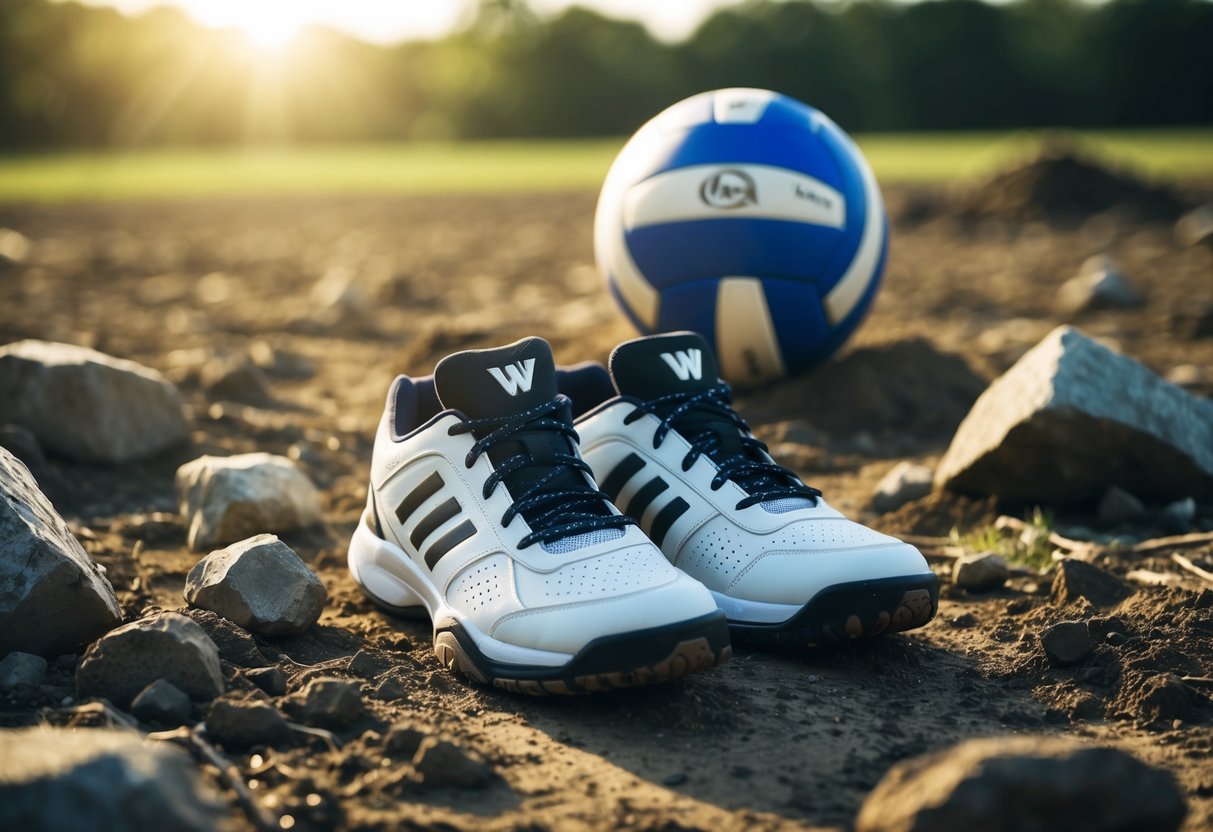 A pair of volleyball shoes sits outside on a muddy field, surrounded by rocks and debris, with the sun casting a harsh glare