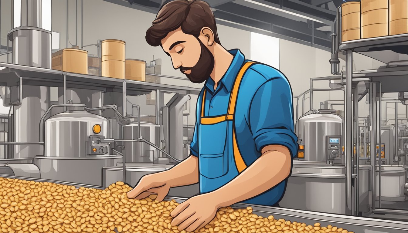 A factory worker examines ingredients. Machines process cereal