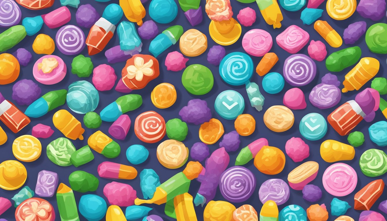 A group of colorful warhead candies surrounded by symbols representing health and ethical considerations