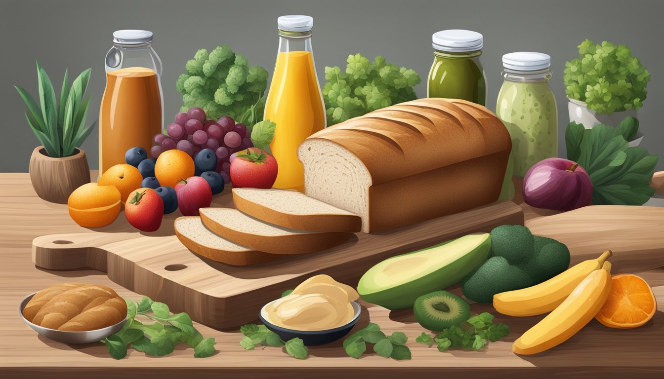 A loaf of bread surrounded by various vegan ingredients such as fruits, vegetables, and plant-based spreads on a wooden cutting board