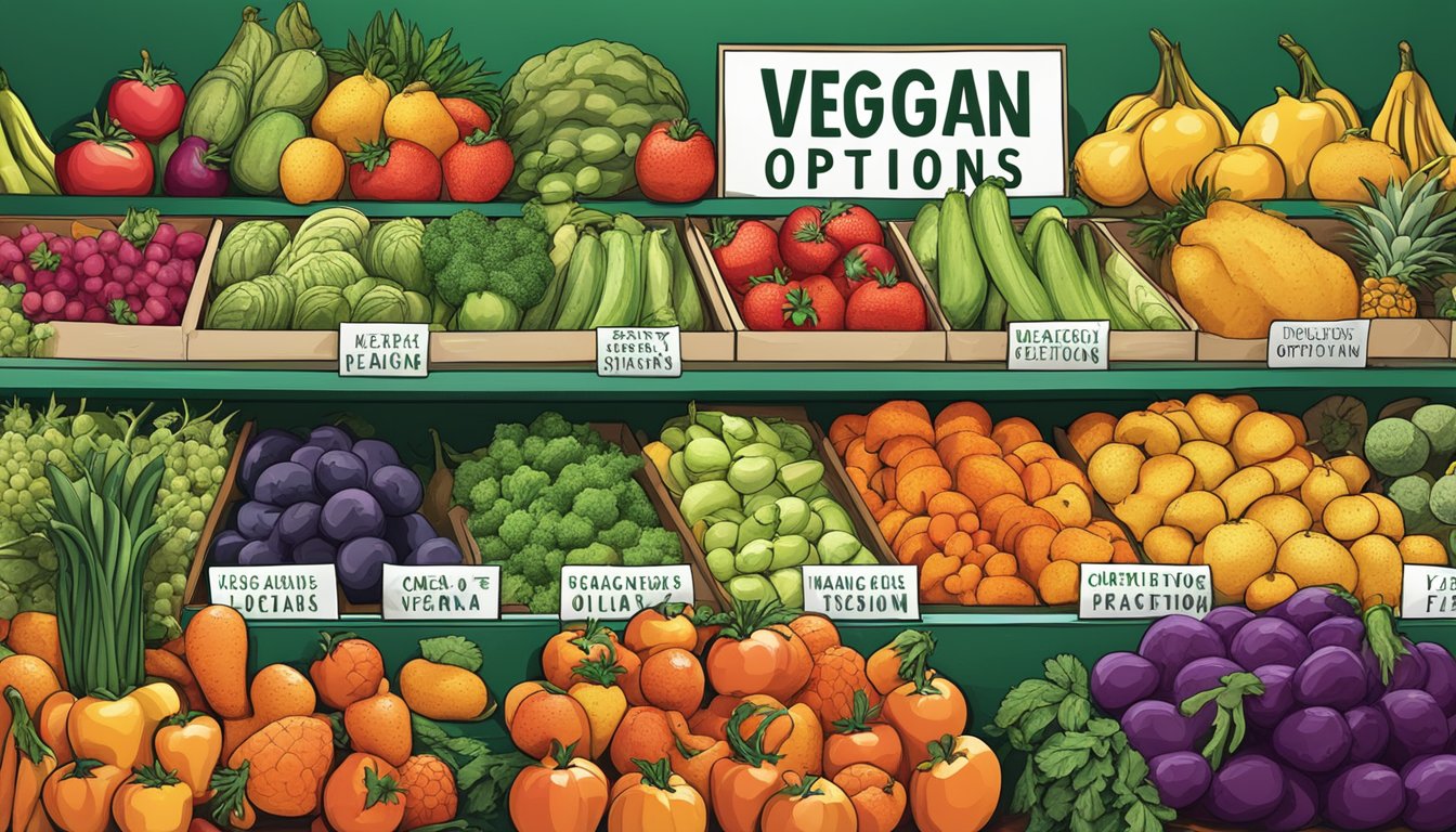 A colorful assortment of fruits and vegetables arranged in a vibrant display, with a sign reading "Vegan Options" above them