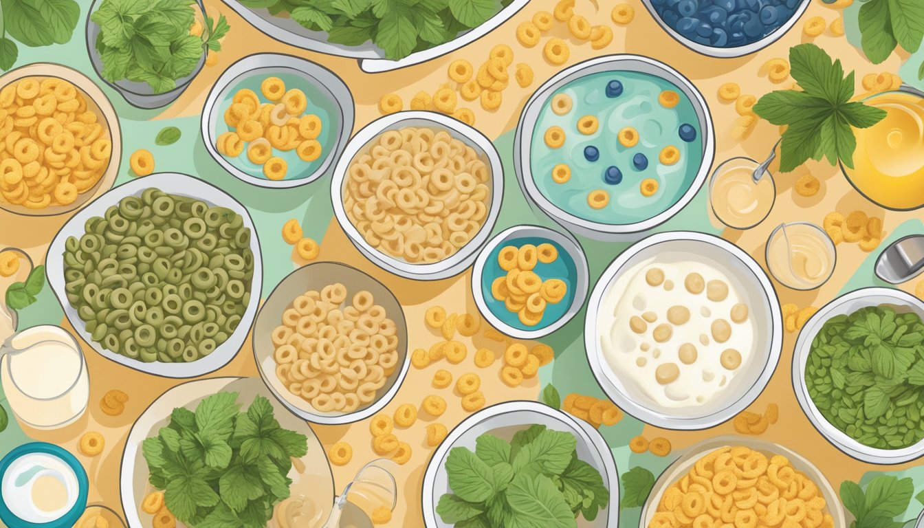 A bowl of Cheerios surrounded by a variety of plant-based milk options, with a question mark hovering above