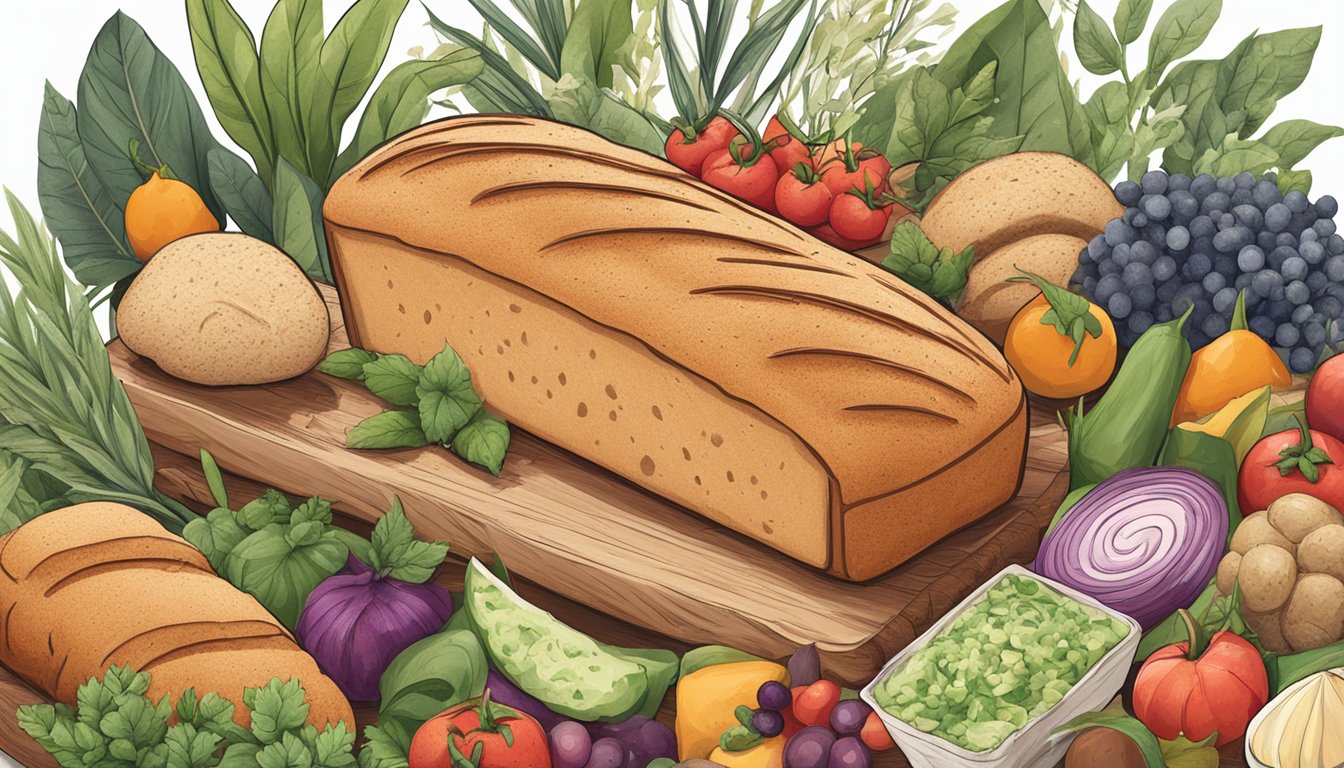 A loaf of bread surrounded by various plant-based ingredients and a "vegan" label