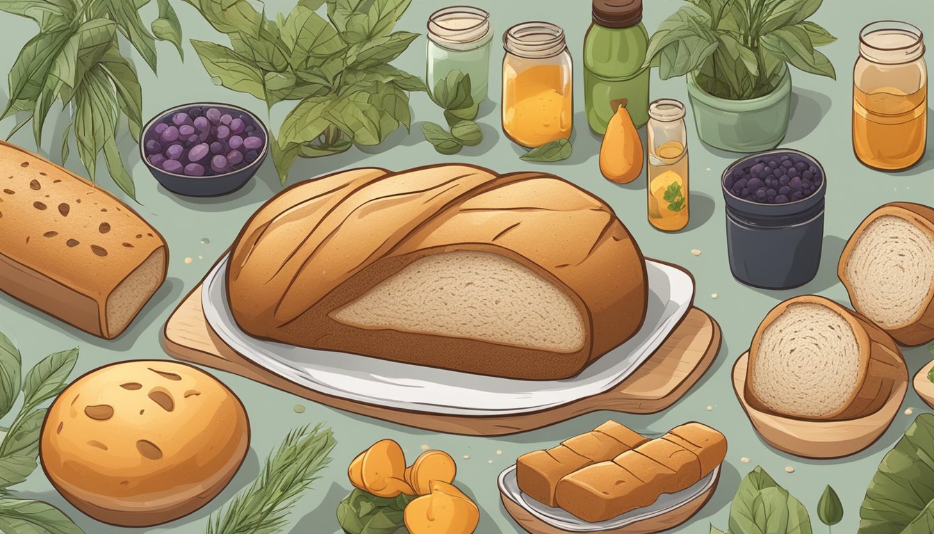 A loaf of bread surrounded by various plant-based ingredients and products