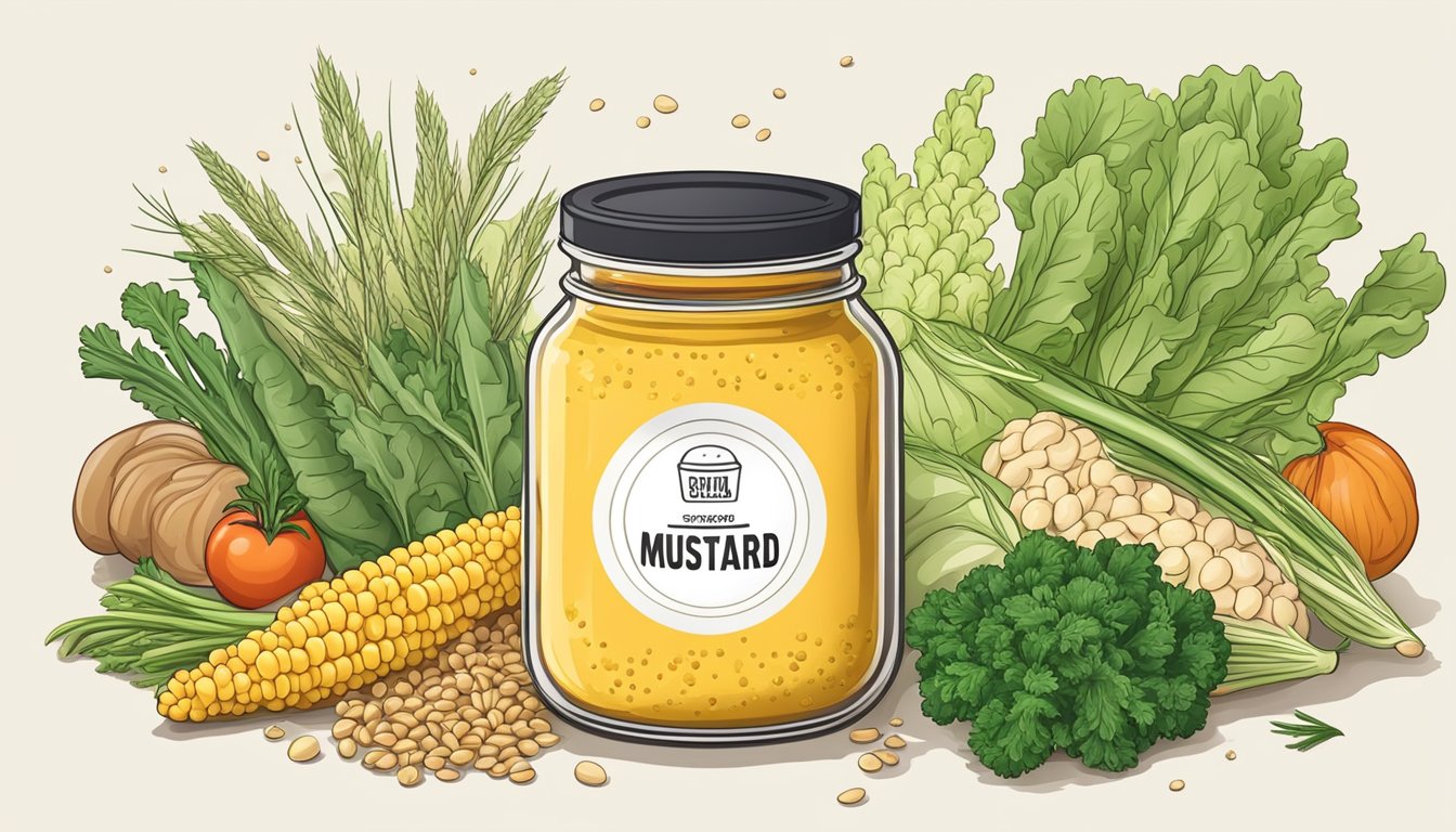 A jar of mustard surrounded by fresh vegetables and grains