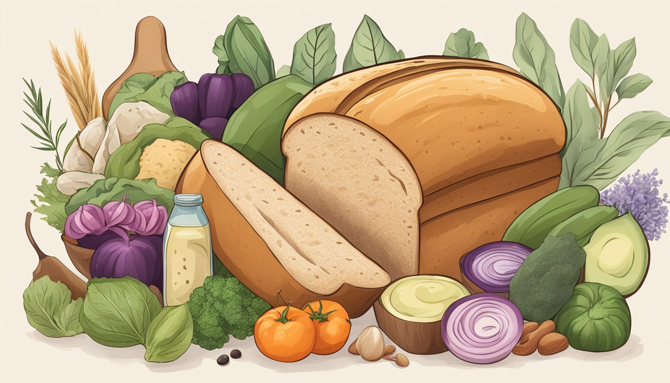 A loaf of bread surrounded by various vegan ingredients and a "vegan" label