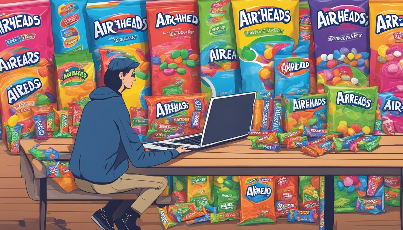 A variety of Airheads candy packages arranged on a table, with a person researching "are airheads vegan" on a laptop