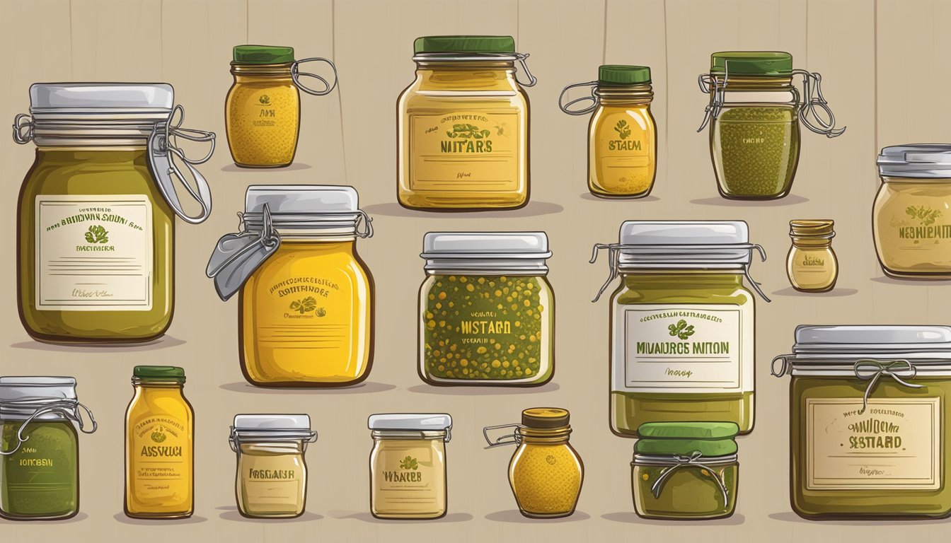 A variety of mustard jars, including vegan options, displayed on a wooden table