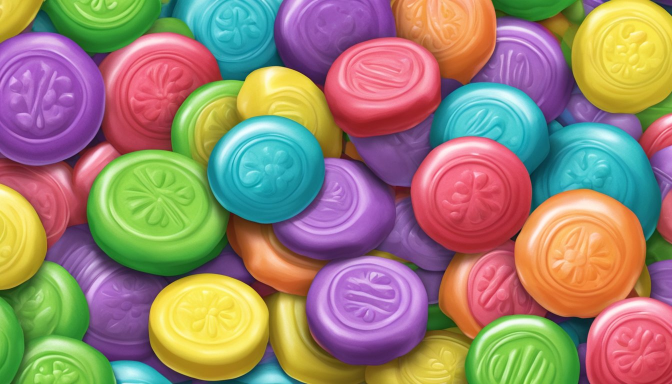 A group of colorful airheads candies with "vegan" label