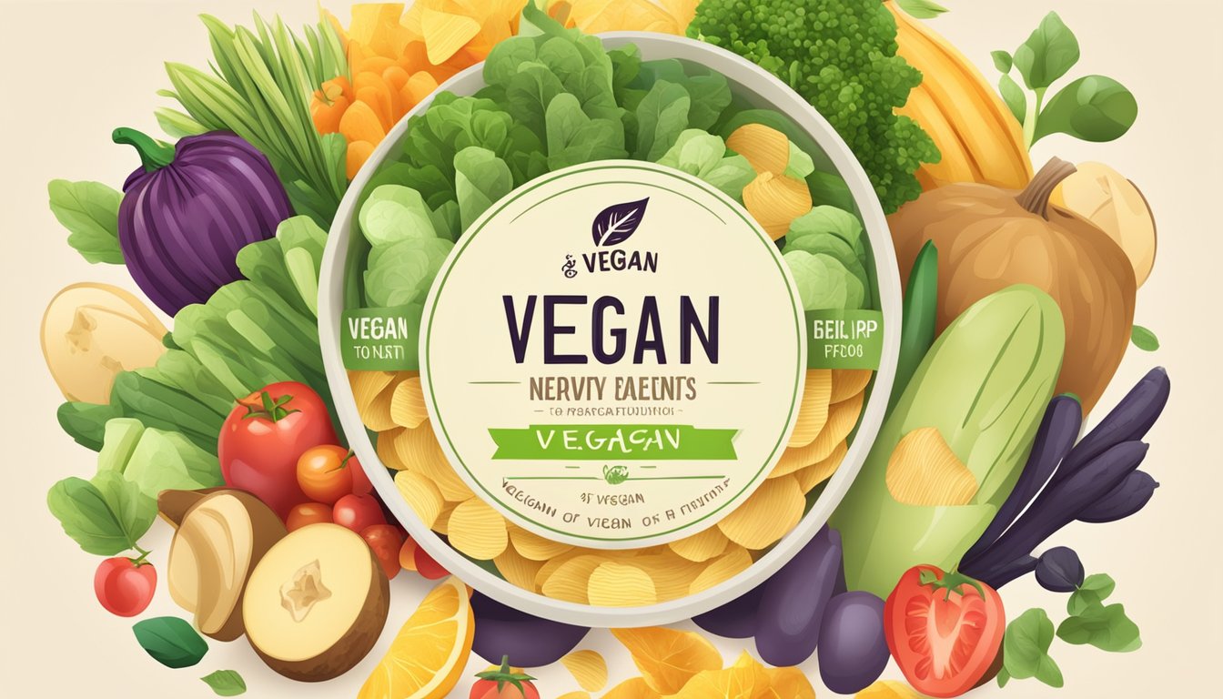 A bowl of potato chips surrounded by various vegetables and fruits, with a "vegan" label on the packaging