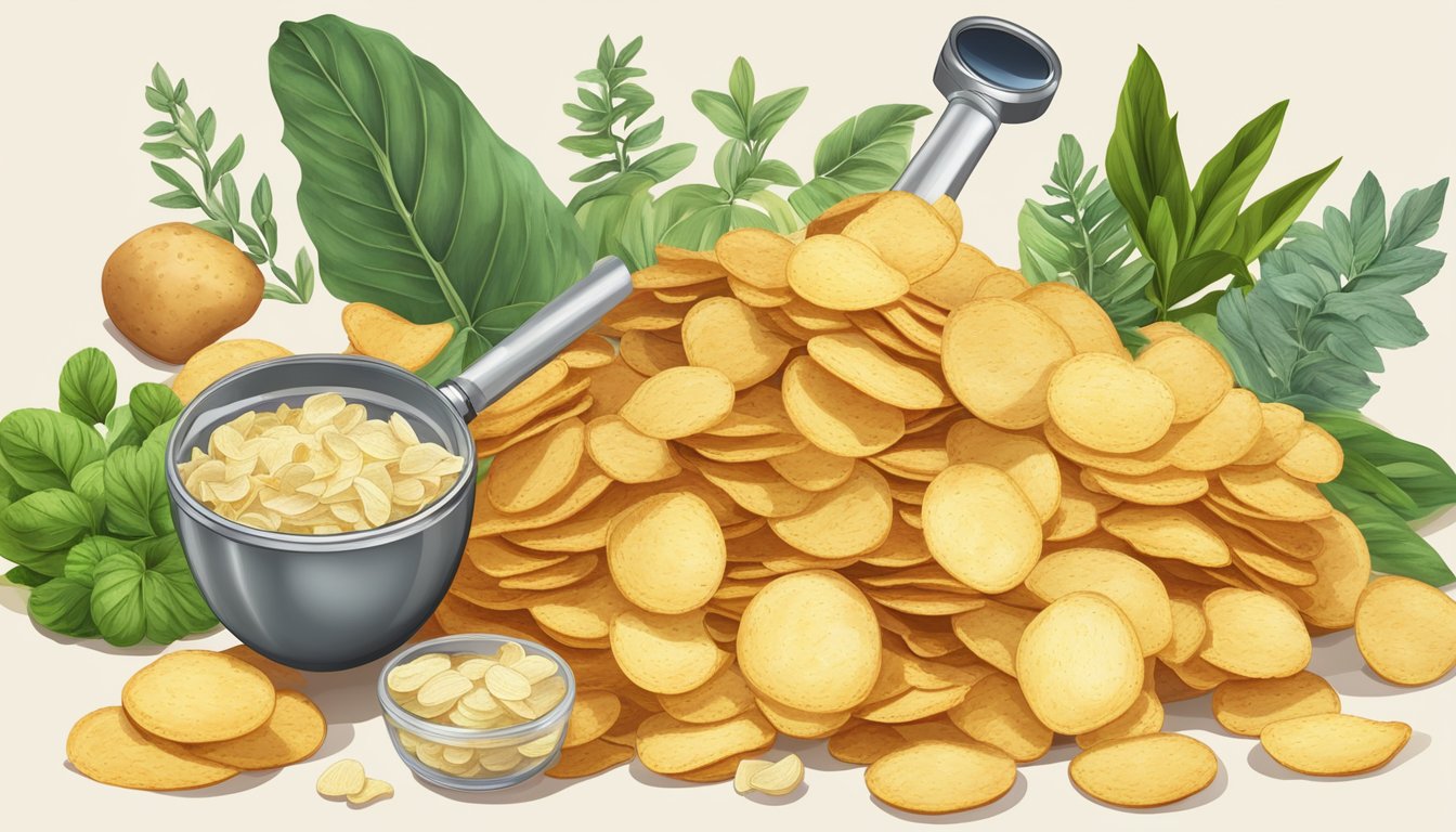 A pile of potato chips surrounded by various plant-based ingredients, with a magnifying glass analyzing the chips for vegan suitability