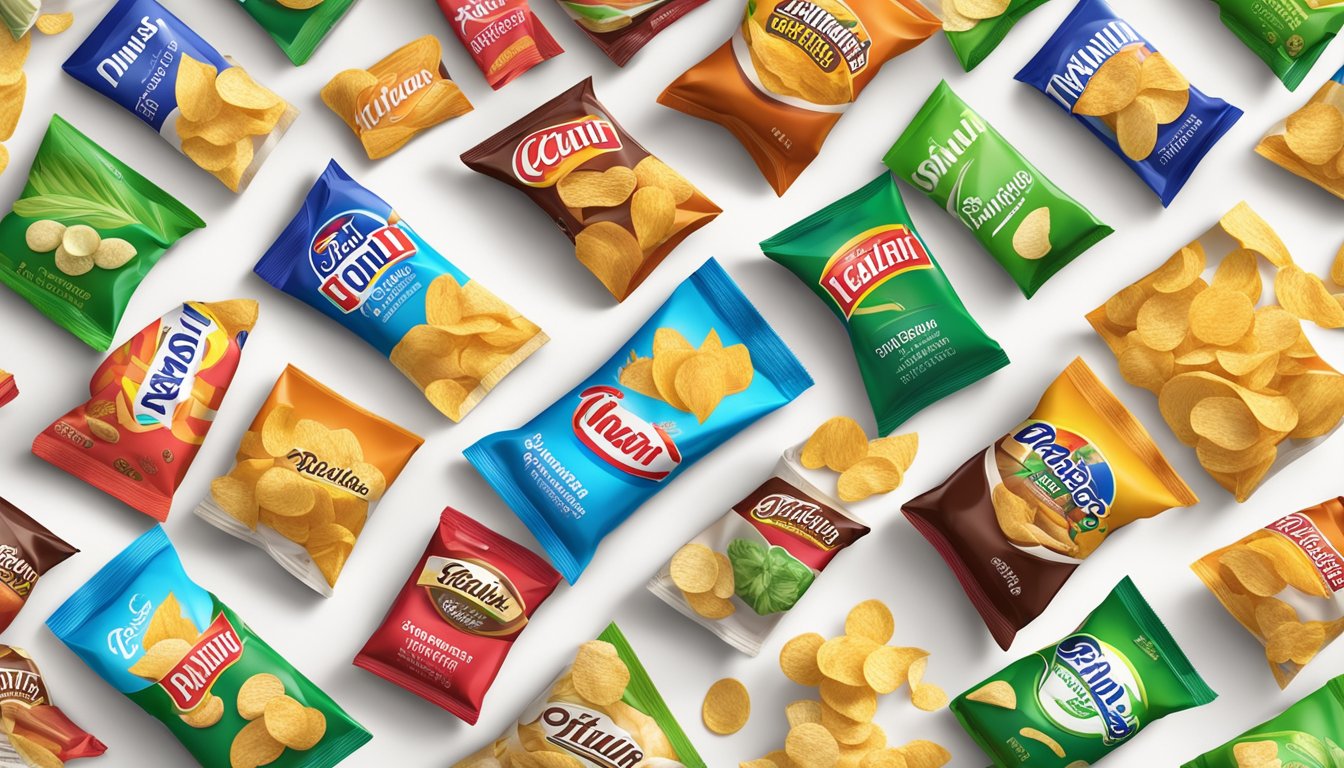 A variety of potato chip brands arranged on a table, with colorful packaging and different flavors, including classic, barbecue, and sour cream & onion