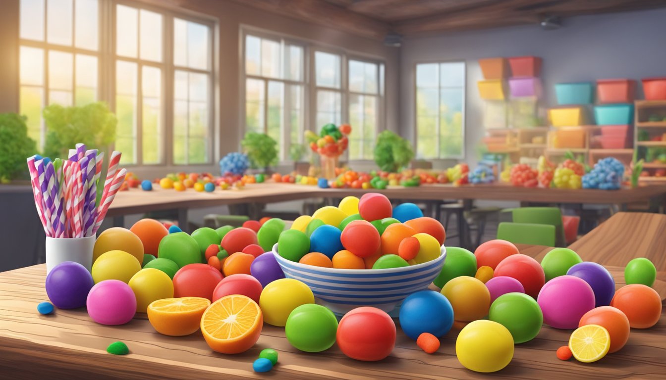 A group of colorful airheads candies arranged on a wooden table with a variety of fruits and vegetables in the background