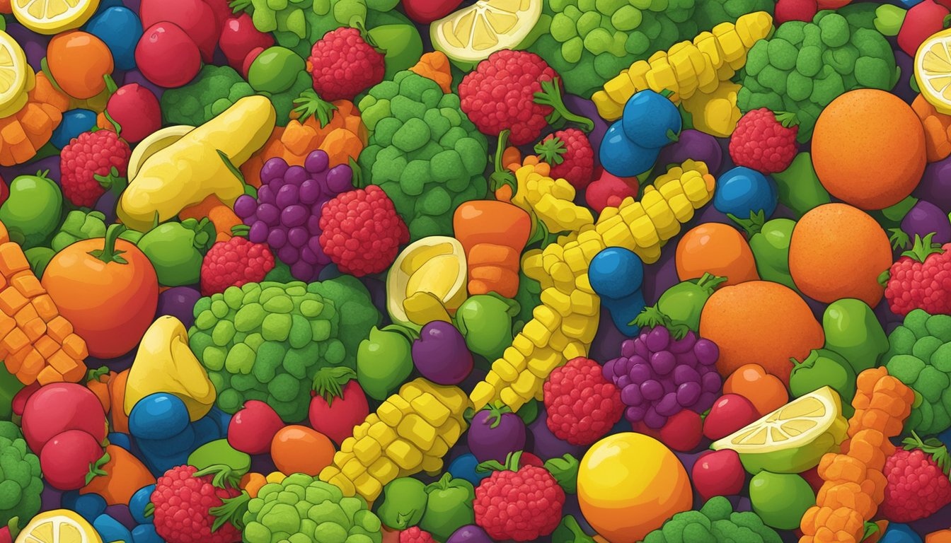 A pile of sour patch kids surrounded by various fruits and vegetables