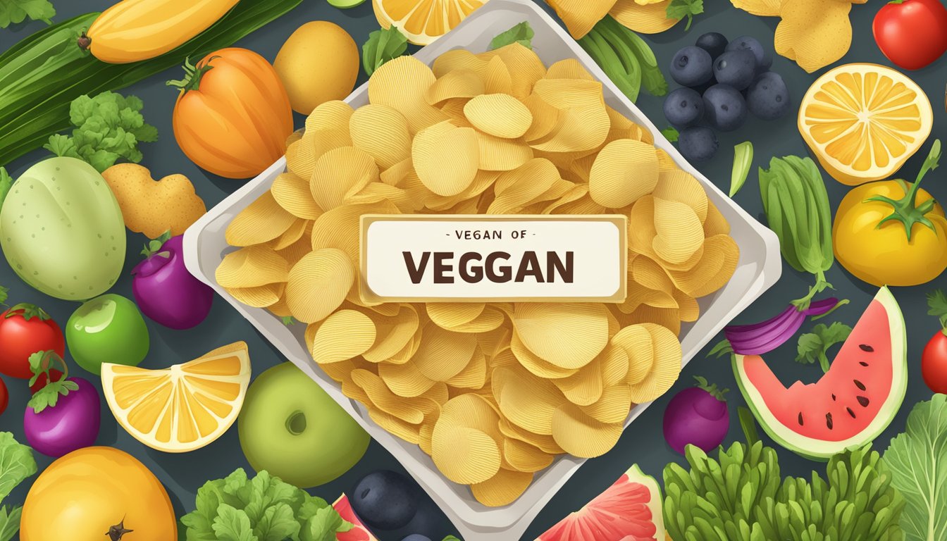 A pile of potato chips surrounded by various fruits and vegetables, with a "vegan" label prominently displayed