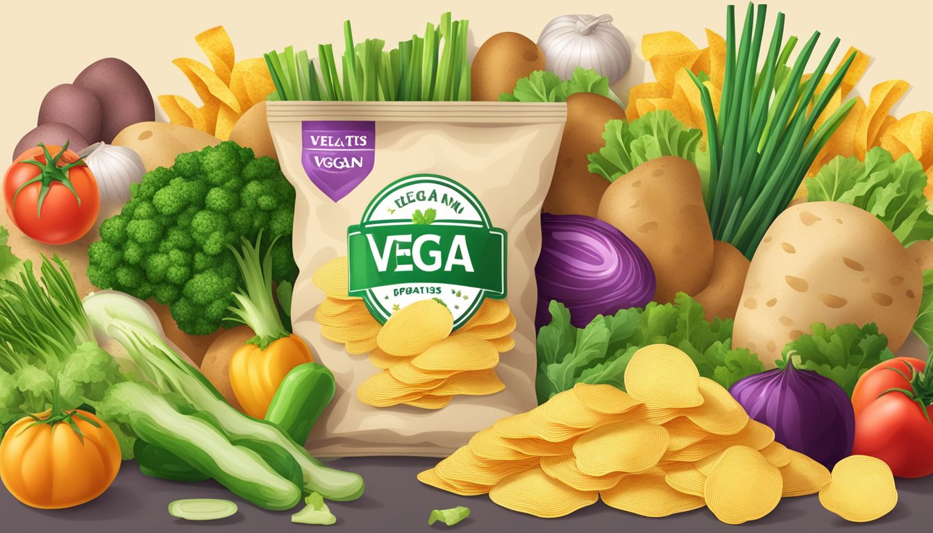 A bag of potato chips surrounded by various vegetables and a vegan logo