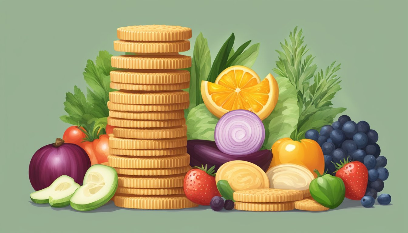 A stack of Ritz crackers surrounded by various plant-based ingredients like vegetables and fruits