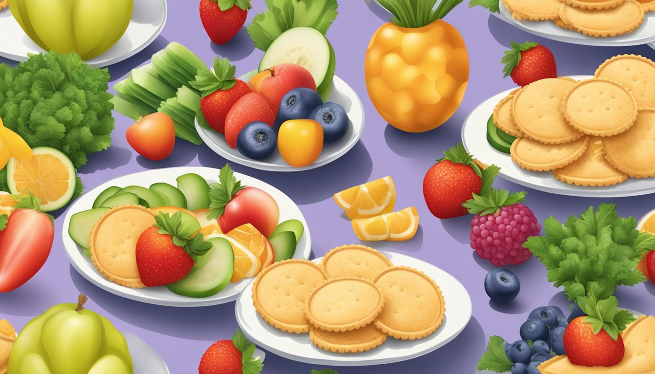 A plate of Ritz crackers surrounded by fresh fruits and vegetables