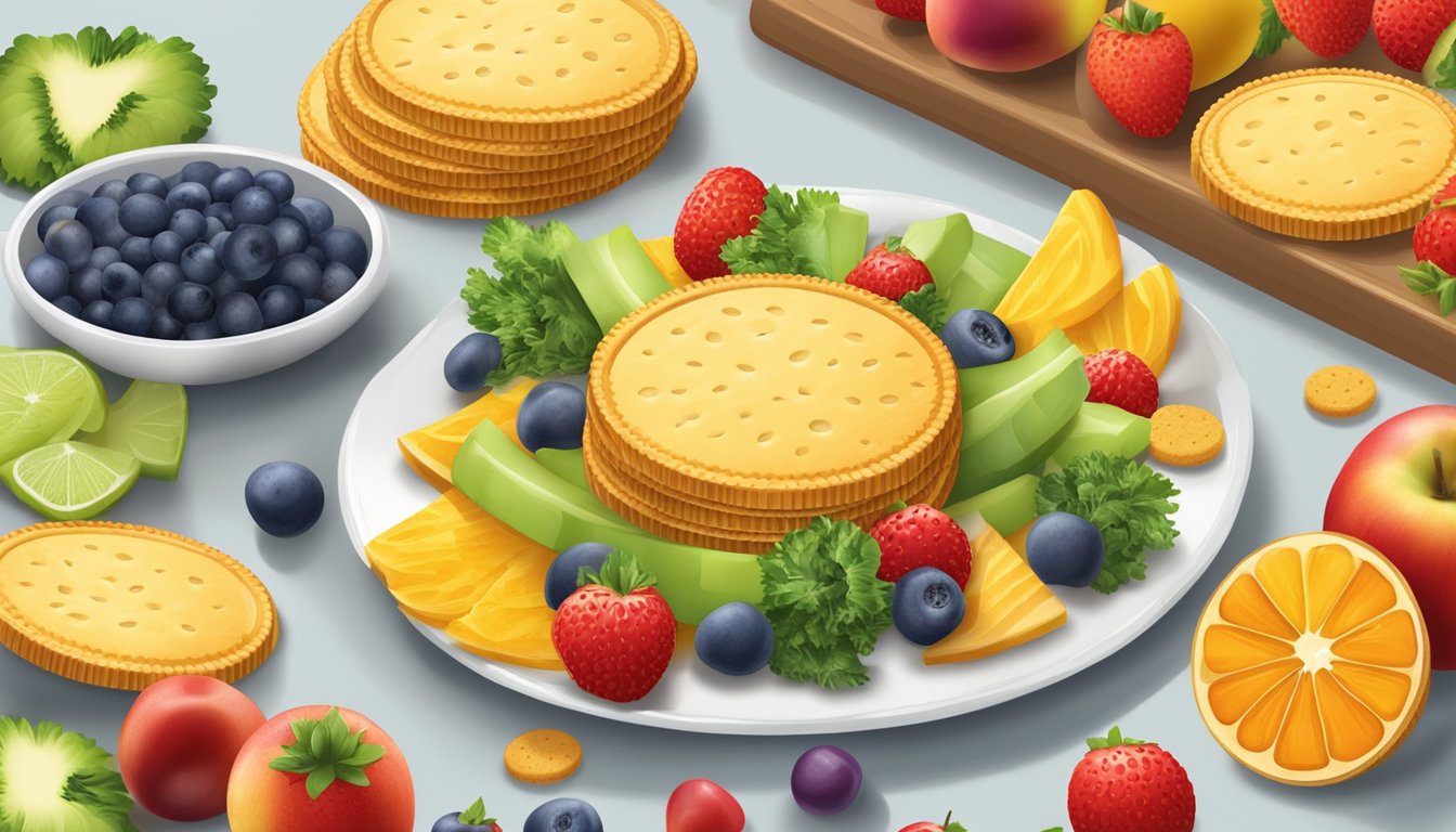 A plate of Ritz crackers surrounded by colorful fruits and vegetables