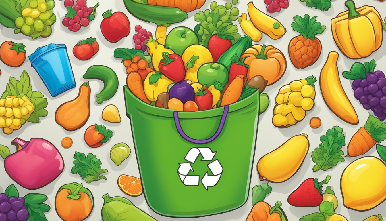 A colorful bag of Sour Patch Kids surrounded by vibrant fruits and vegetables, with a recycling bin and composting bin nearby