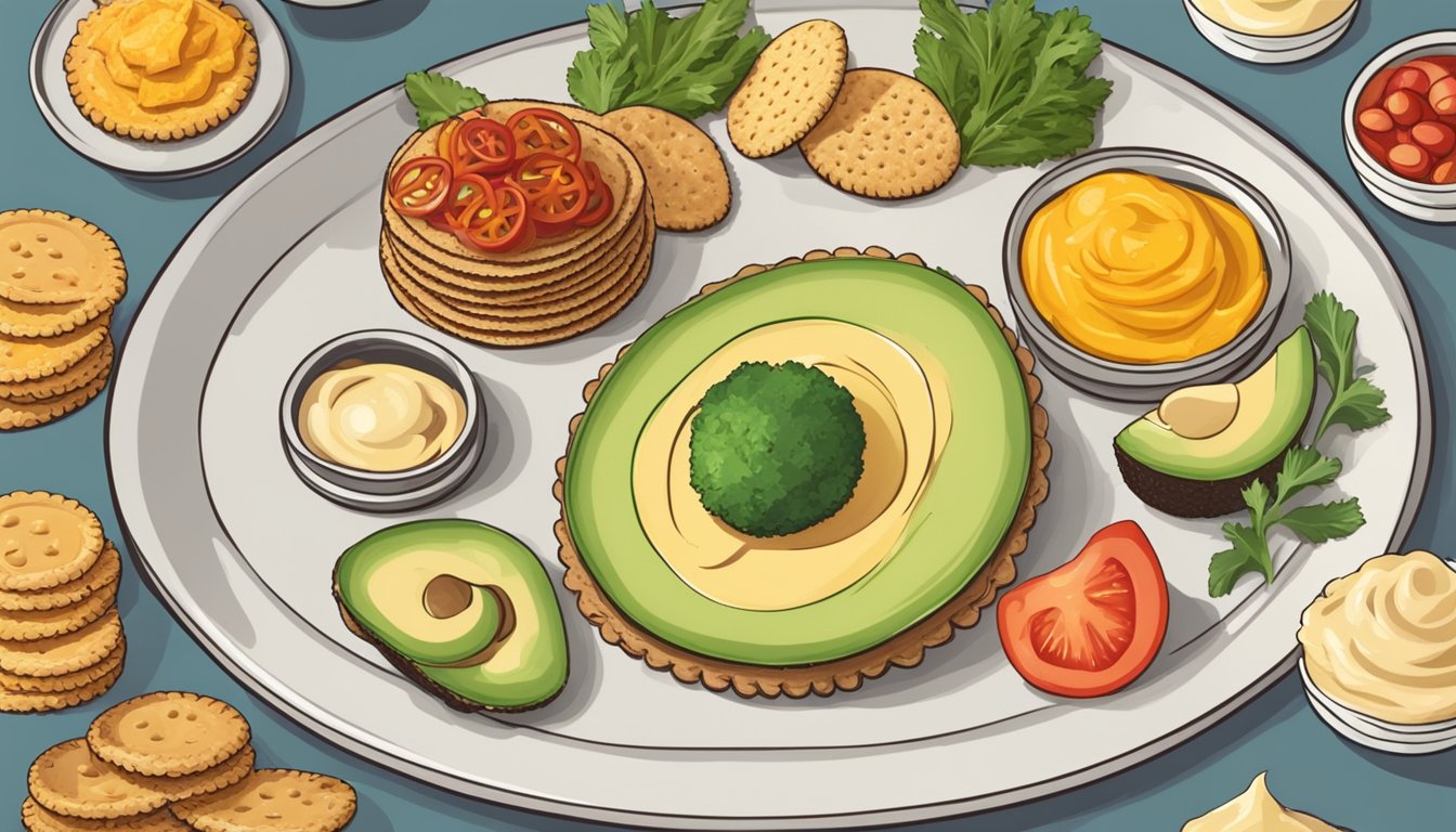 A plate of Ritz crackers surrounded by various vegan toppings like avocado, hummus, and sliced vegetables