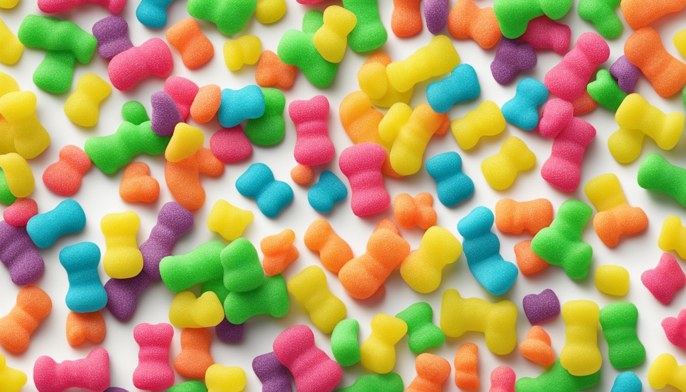 A colorful pile of sour patch kids candies arranged on a clean, white surface