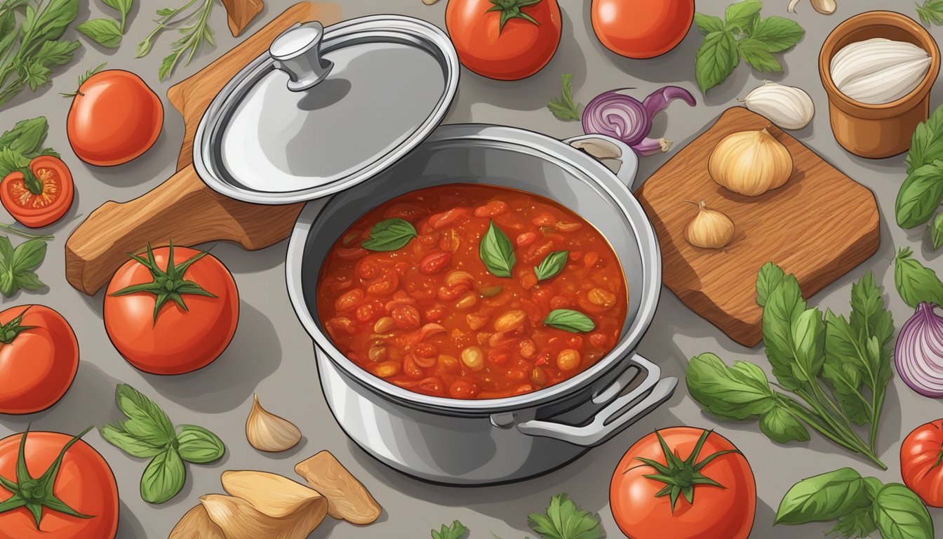 A pot simmering with tomatoes, garlic, onions, and herbs, creating a rich and aromatic vegan marinara sauce