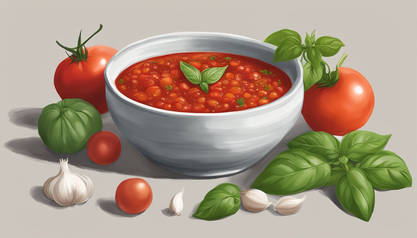 A bowl of marinara sauce surrounded by fresh basil, tomatoes, and garlic. A glass of red wine sits next to it