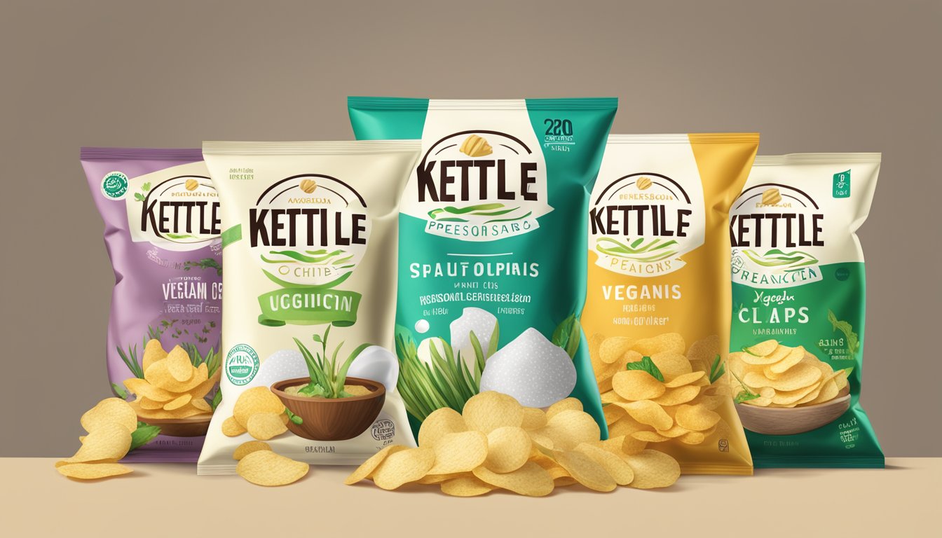 A bag of kettle chips surrounded by various plant-based ingredients like potatoes, salt, and oil, with a prominent "vegan" label on the packaging