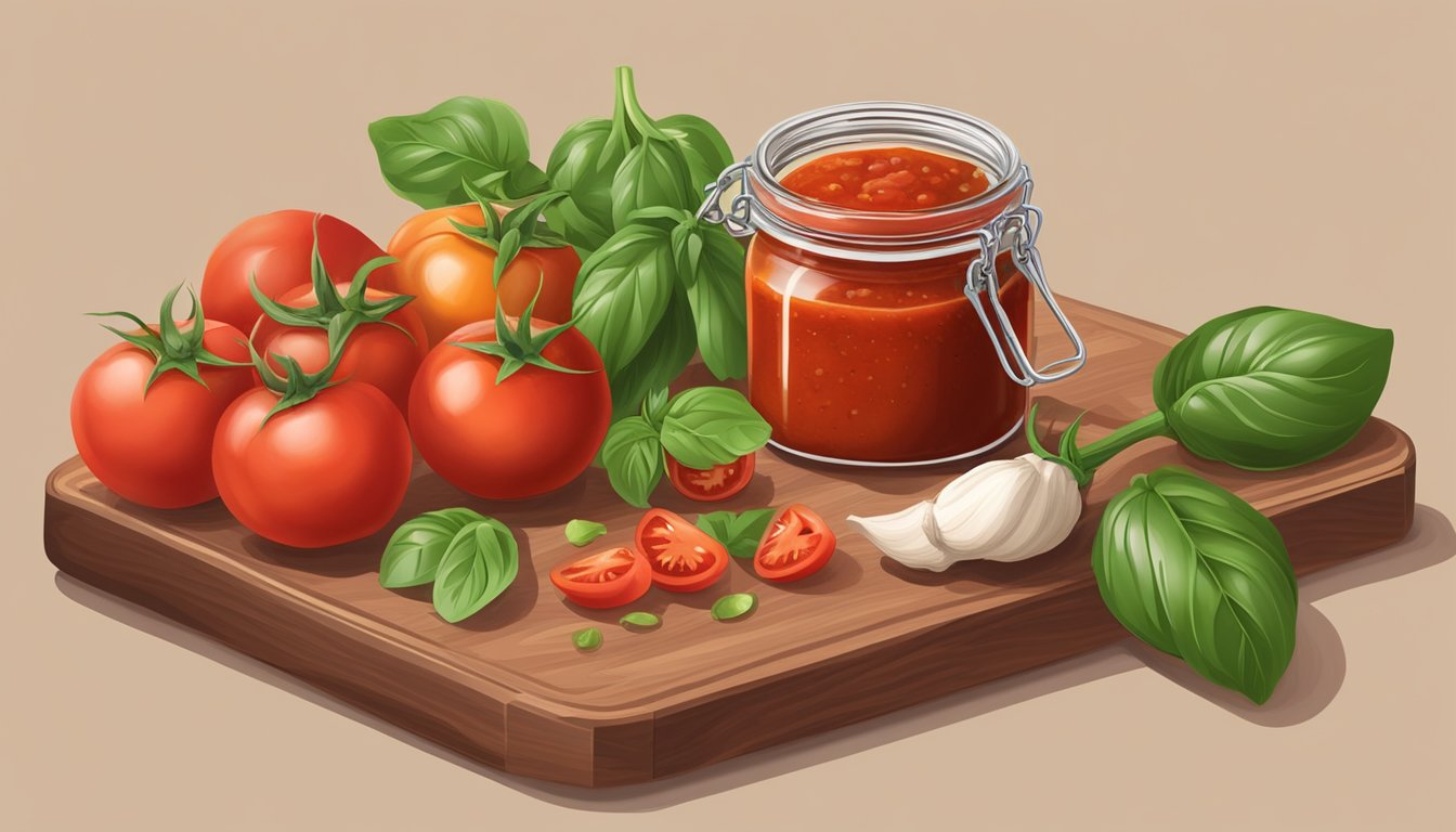 A glass jar of marinara sauce surrounded by fresh tomatoes, basil leaves, and garlic cloves on a wooden cutting board