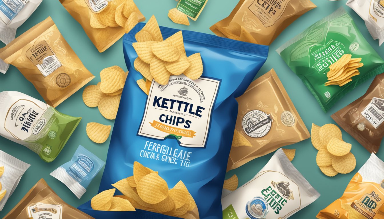 A hand reaching for a bag of kettle chips, surrounded by various labels and certifications