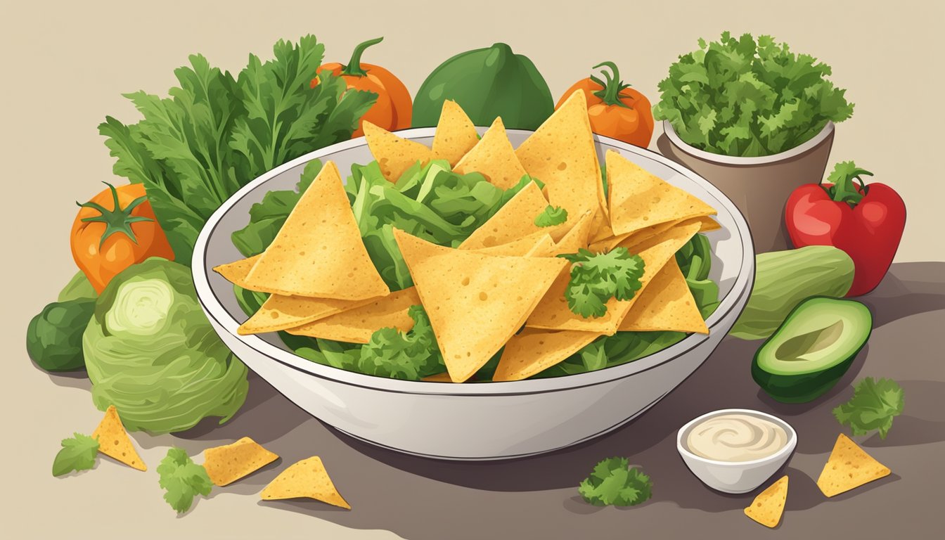 A bowl of tortilla chips surrounded by fresh vegetables and a label with "vegan" written on it