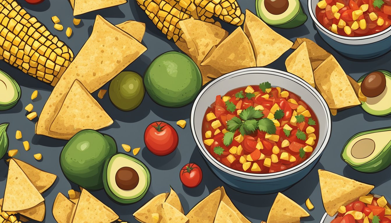 A bowl of tortilla chips surrounded by a pile of corn, tomatoes, and avocados. A small dish of salsa sits next to the chips