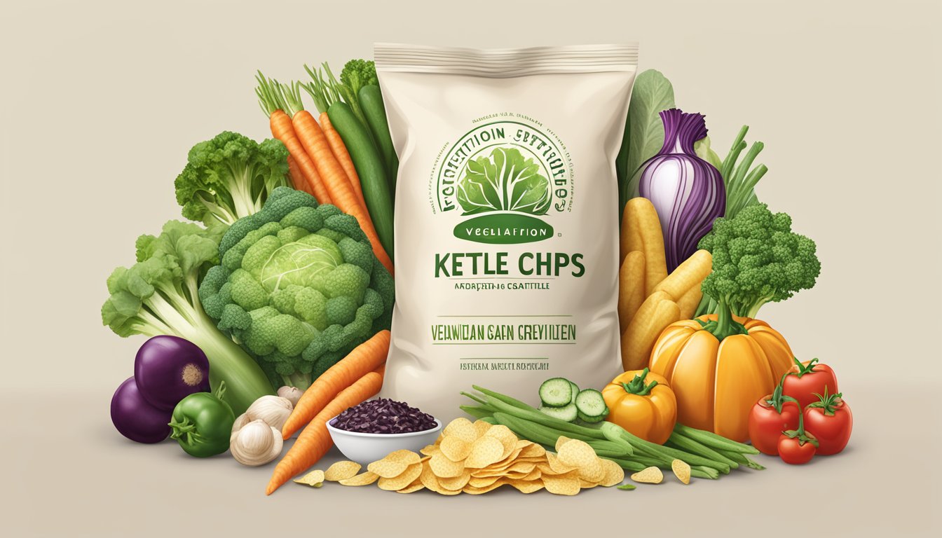 A bag of kettle chips surrounded by various vegetables and a vegan certification logo