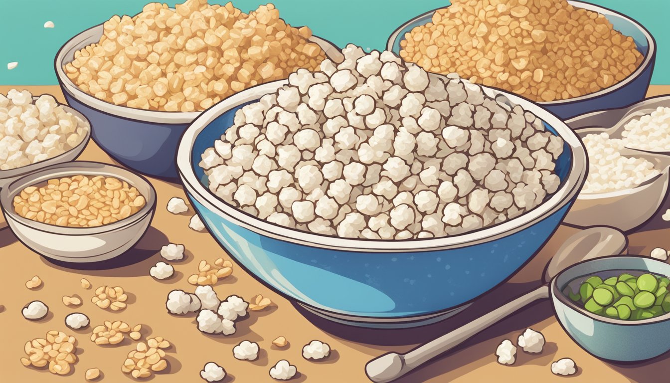 A bowl of Rice Krispies surrounded by ingredients like rice, sugar, and malt flavoring, with a vegan symbol displayed prominently