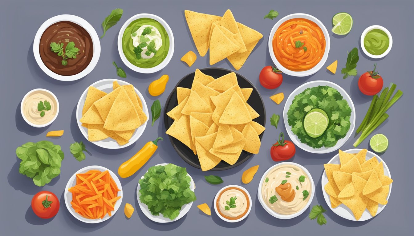 A colorful array of tortilla chips, surrounded by fresh vegetables and plant-based dips, with a clear separation between vegan and non-vegan options