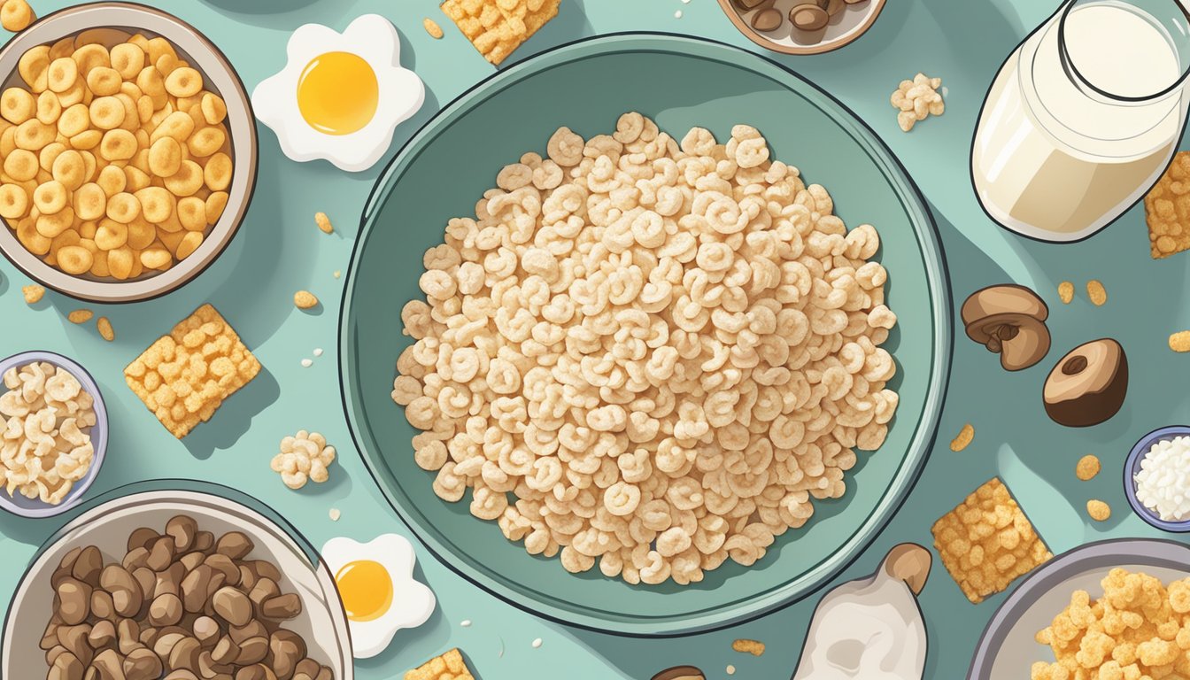 A bowl of Rice Krispies surrounded by various sources of Vitamin D, such as sunlight, mushrooms, and fortified plant-based milk