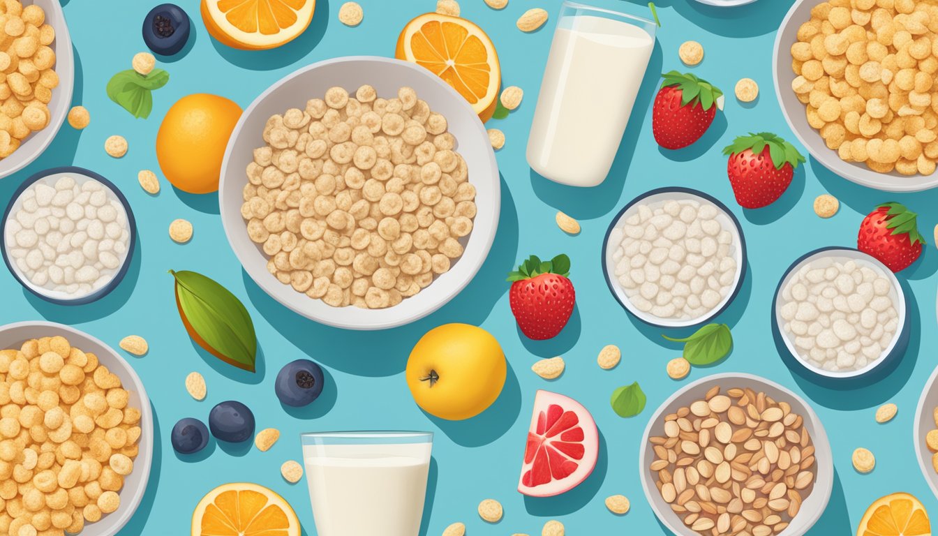 A bowl of Rice Krispies surrounded by various fruits and a glass of almond milk