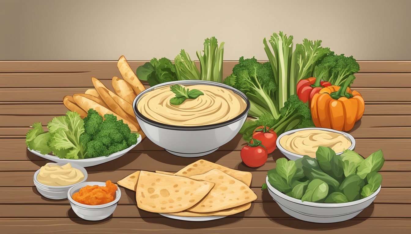 A bowl of hummus surrounded by fresh vegetables and pita bread on a wooden table