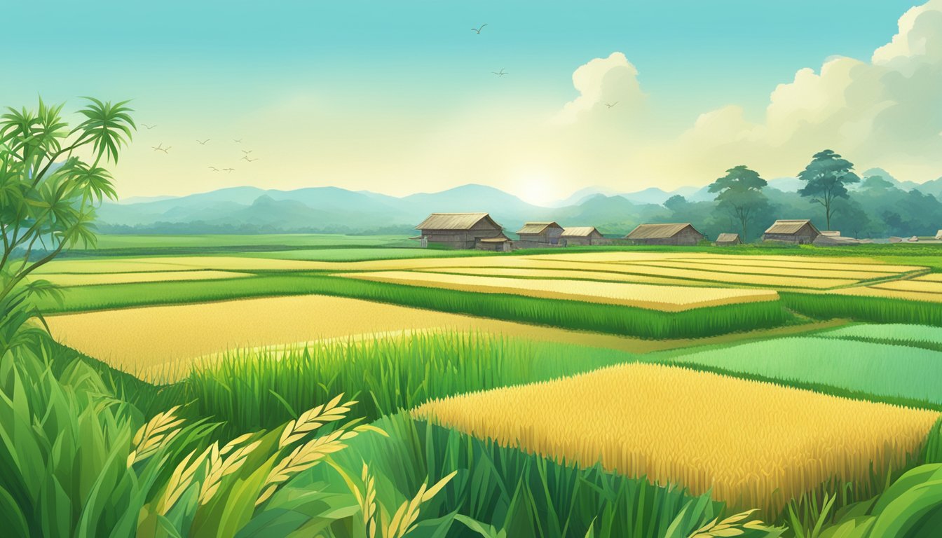 A field of rice crops with a clear blue sky, surrounded by sustainable farming practices and ethical considerations