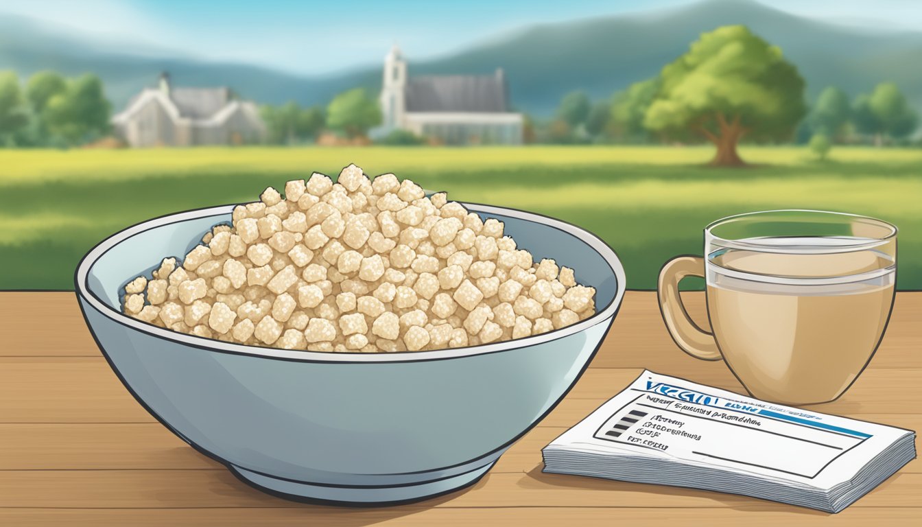 A bowl of rice krispies with a clear, easy-to-read food label indicating "vegan" in the background