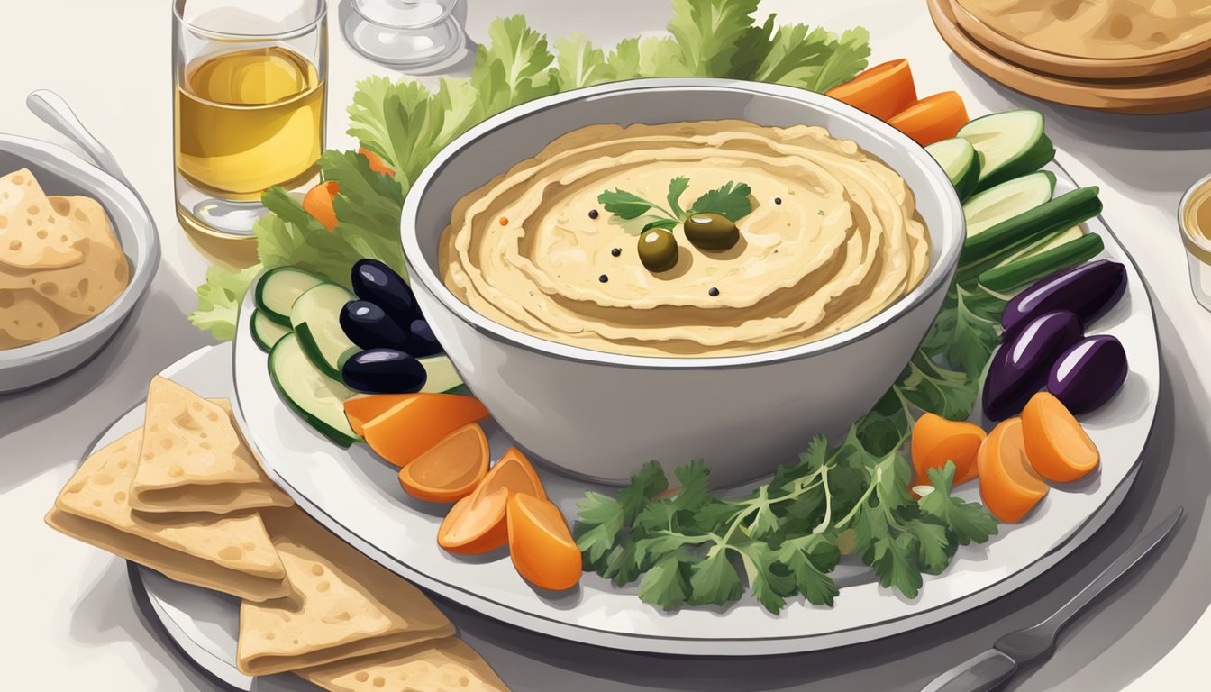 A bowl of hummus surrounded by pita bread, fresh vegetables, and olives. A glass of white wine sits next to the plate