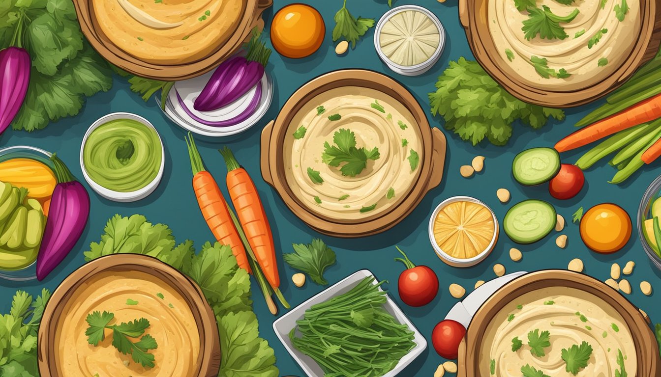 A colorful array of hummus containers surrounded by fresh vegetables and pita bread