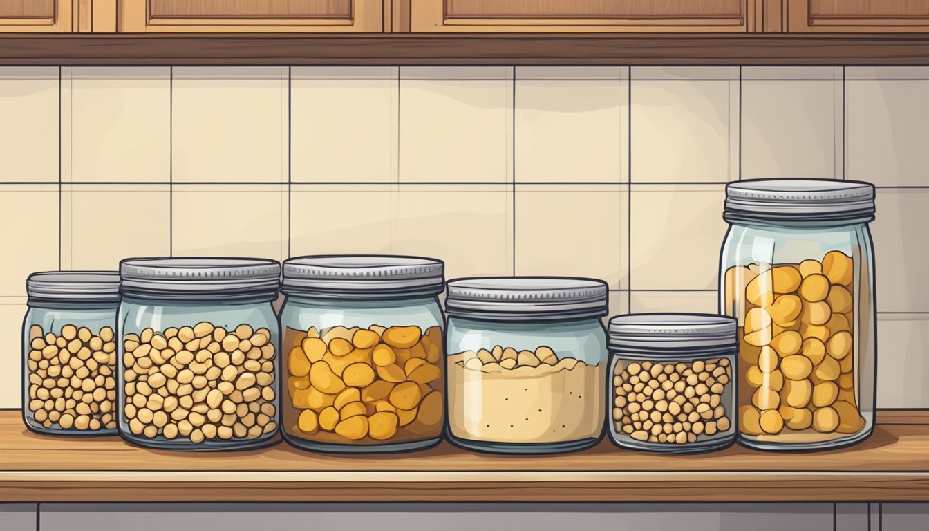 A jar of hummus sits on a kitchen shelf next to a row of canned chickpeas and a stack of pita bread