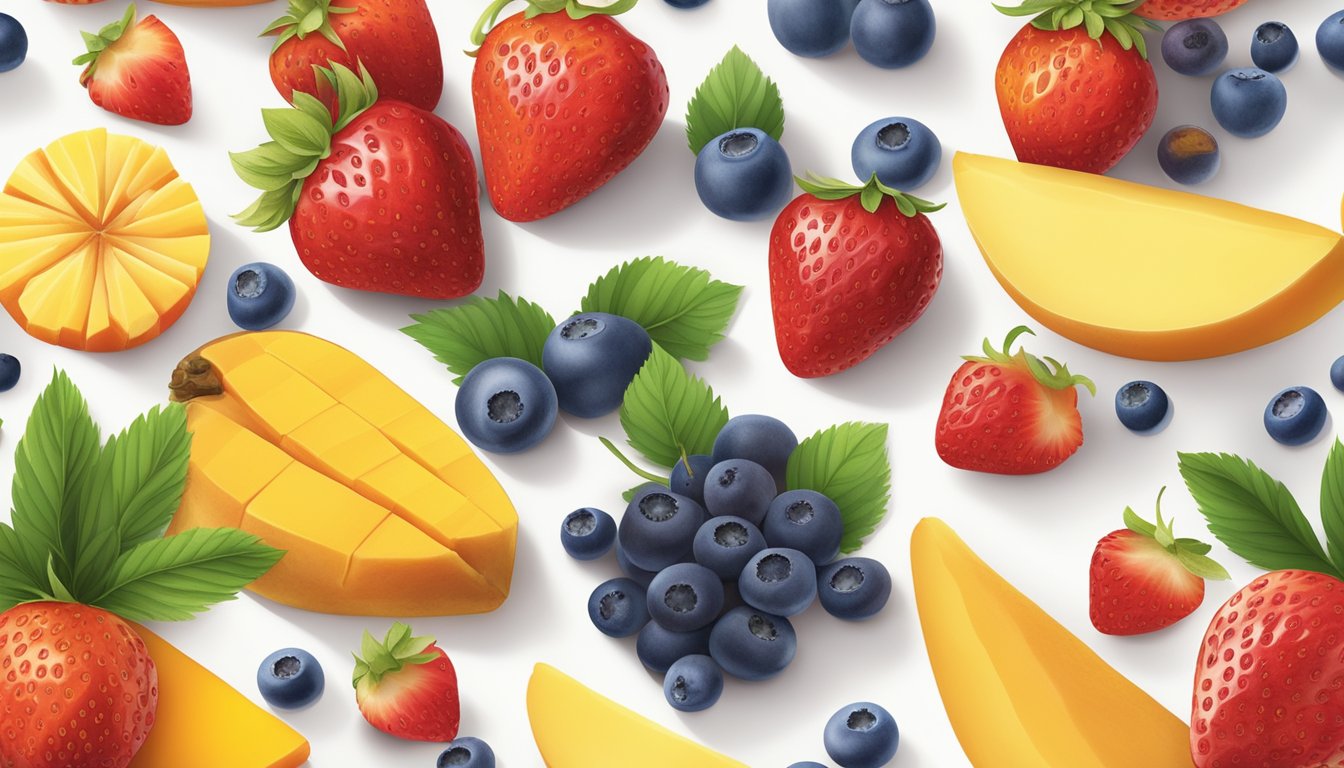 A variety of colorful fruits, such as strawberries, blueberries, and mangoes, are spread out on a clean white surface, with a few fruit roll-ups placed among them