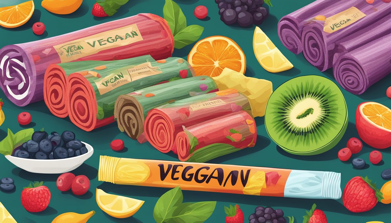 A colorful array of fruit roll ups with a label indicating "Vegan" surrounded by various controversial ingredients