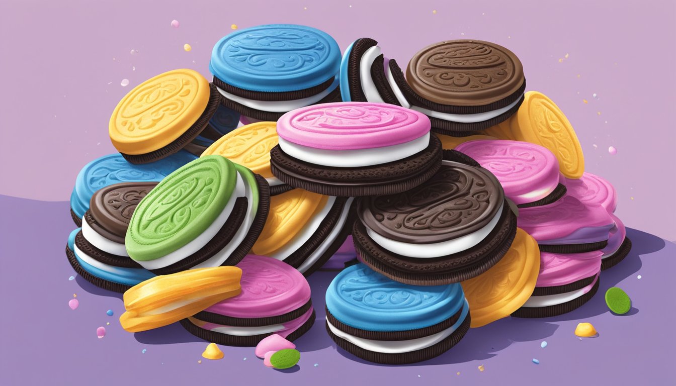 A variety of Oreos displayed with ingredients scattered around