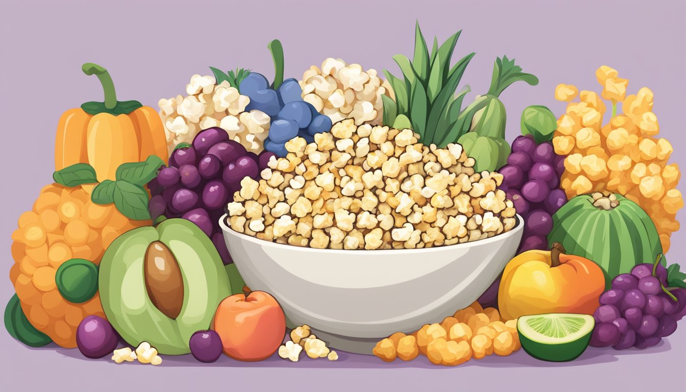 A bowl of popcorn with a variety of colorful fruits and vegetables arranged around it, showcasing its vegan-friendly nutritional profile