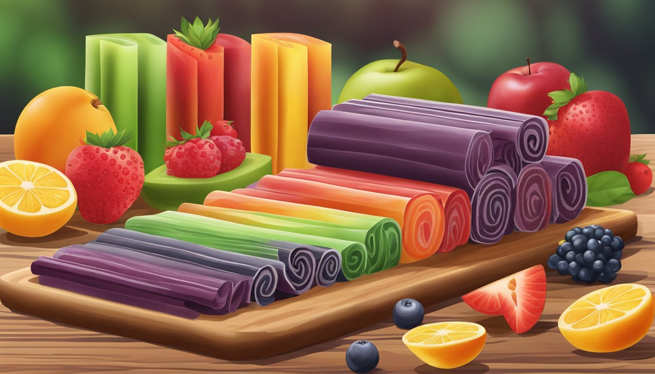 A variety of colorful fruit roll ups arranged on a wooden cutting board with fresh fruits in the background